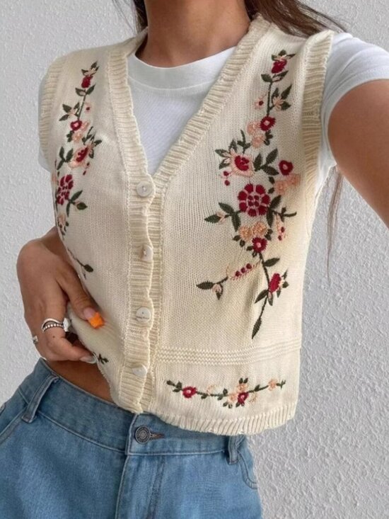 Jackets & Blazers - V Neck Button Down Front Floral Embroidered Cropped Knit Vest Size M